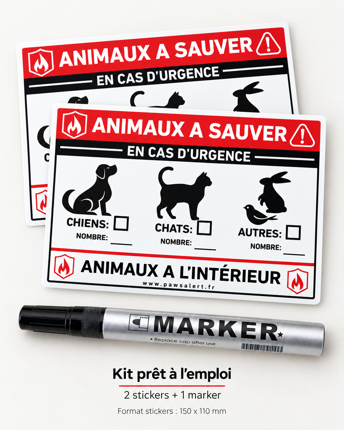 Kit PawsAlert comprenant deux autocollants et un marqueur permanent noir